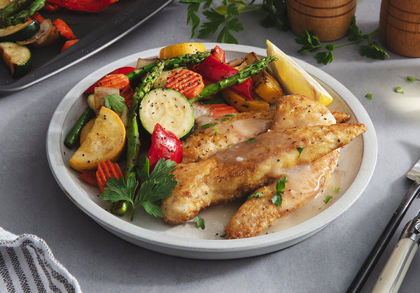 Chicken Francese with Roasted Spring Vegetables