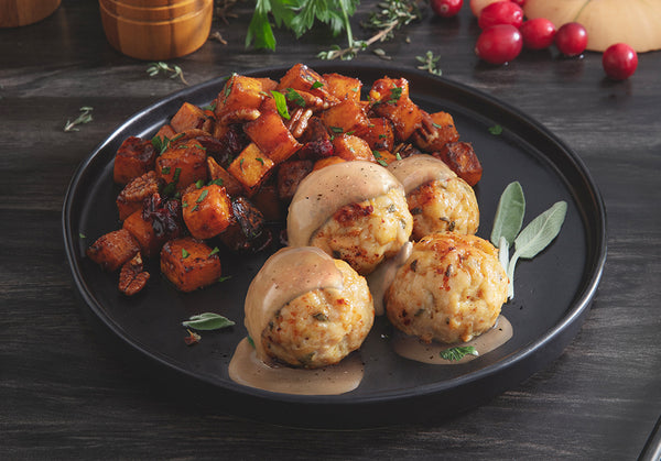 Sage Turkey Meatballs with Caramelized Butternut Squash & Cranberry Balsamic Glaze
