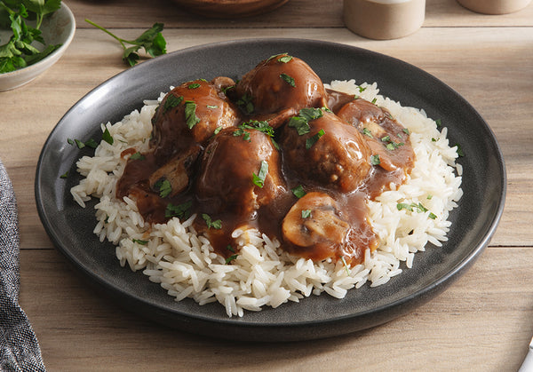 Salisbury Steak Meatballs with Mushroom & Onion Gravy over Rice