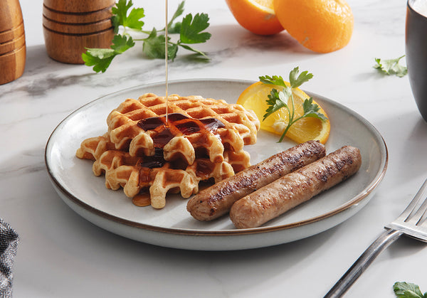 Waffles with Organic Maple Syrup and Chicken Sausage