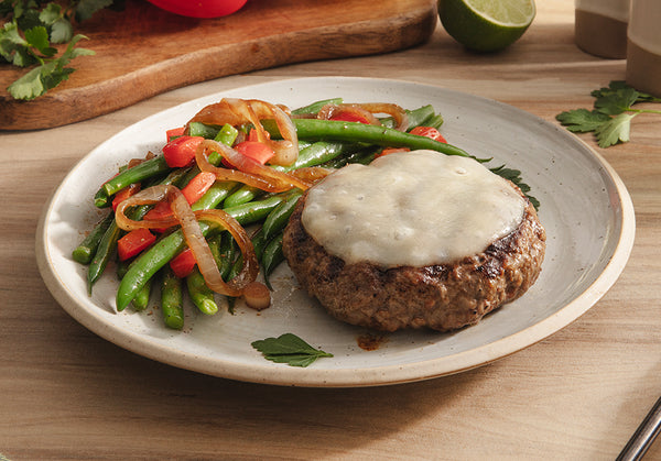 Provolone Beef Burger with Roasted Green Beans, Sautéed Onions and Peppers