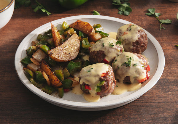 Philly Cheesesteak Meatballs with Potatoes, Peppers and Onions