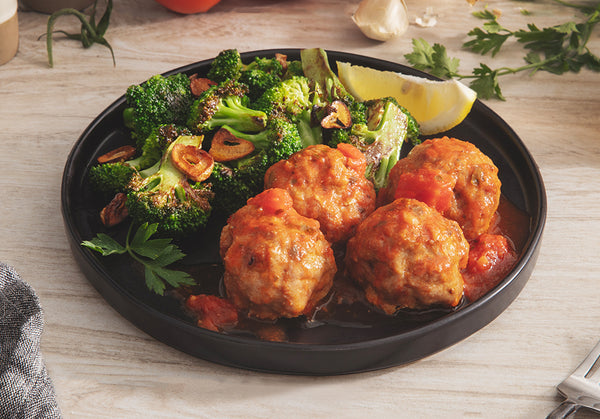 Turkey Chorizo Meatballs with Lemon & Garlic Broccoli