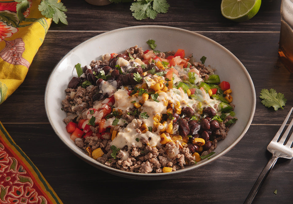 Beef Burrito Bowl with Black Beans, Fire Roasted Corn & Queso Blanco