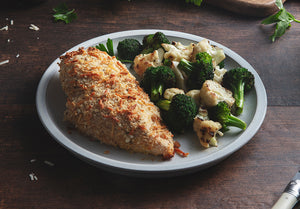 Basil Parmesan Chicken with Roasted Cauliflower and Broccoli Florets