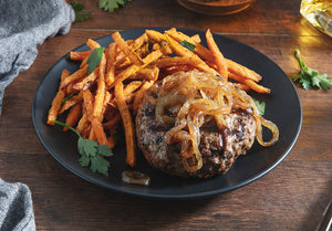 Bison Burger with Honey Whisky Onions and Sweet Potato Fries