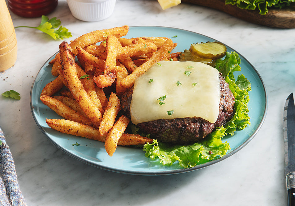 Bison Burger with Sharp White Cheddar and Zesty Oven Baked Fries