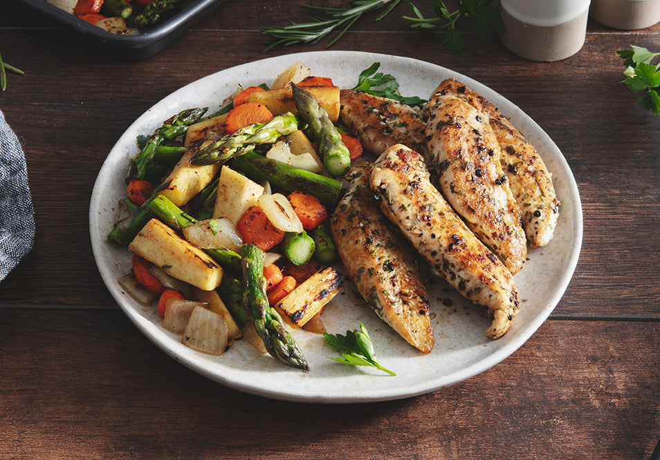 Black Garlic & Ranch Chicken Tenders with Roasted Spring Vegetables