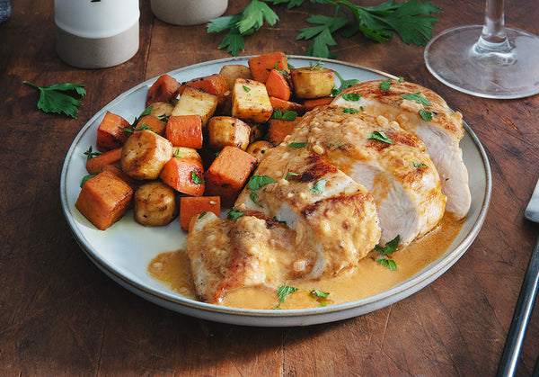 Chicken with White Wine Reduction Sauce & Olive Oil Roasted Root Vegetables