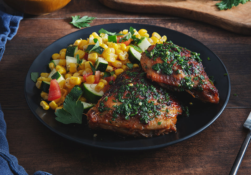 Chimichurri Chicken with Summer Squash and Corn Sauté