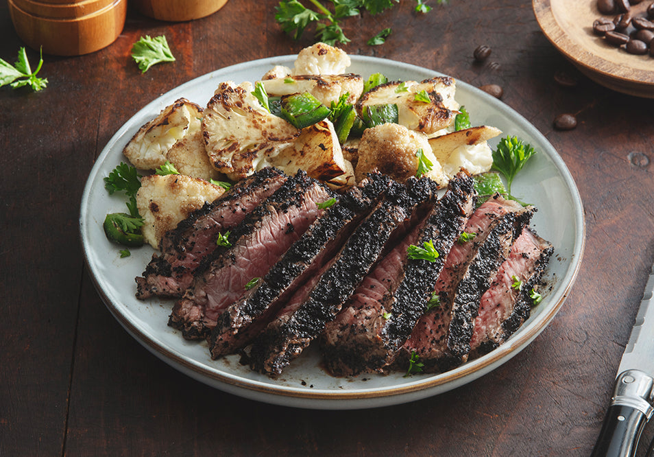 Coffee Rubbed Steak with Roasted Cauliflower & Poblanos