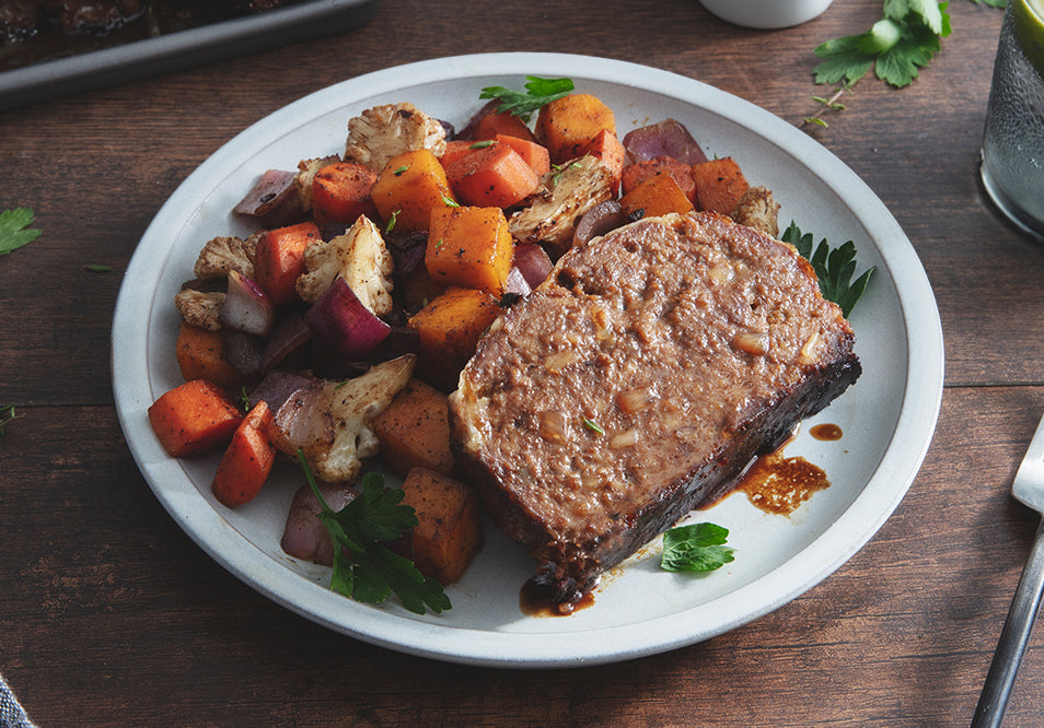 French Onion Meatloaf with Harvest Roasted Vegetables