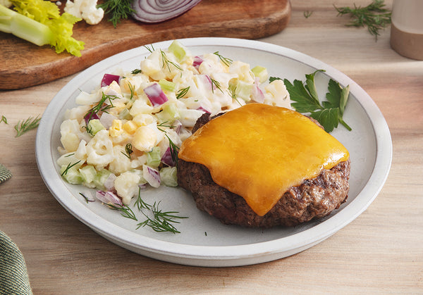 Grass-Fed Beef Burger with Cheddar Cheese and Low-Carb “No-Tato” Salad