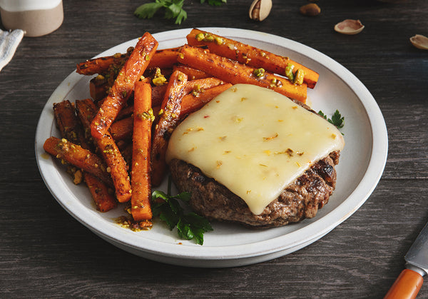 Grass-Fed Beef Burger with Pepper Jack Cheese and Pistachio Roasted Carrots