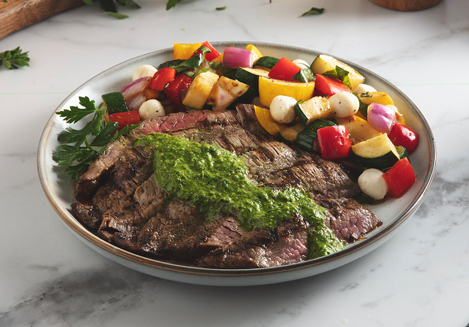 Grilled Grass-Fed Steak with Salsa Verde Roasted Summer Vegetable and Fresh Mozzarella