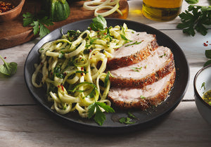 Herb Crusted Pork Loin with Basil Oil Zucchini Noodles