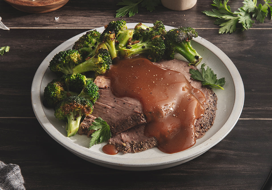 Homestyle Roast Beef and Gravy with Garlic Roasted Broccoli
