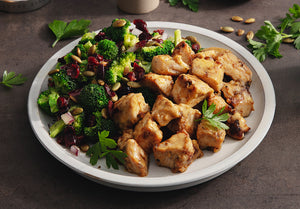 Honey Mustard Chicken Bites with Nutty Broccoli Salad