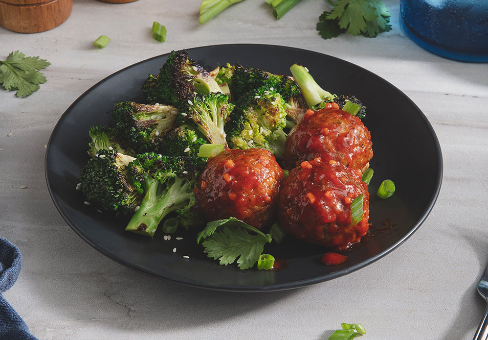 Korean Meatballs with Gochujang Drizzle and Sesame Broccoli
