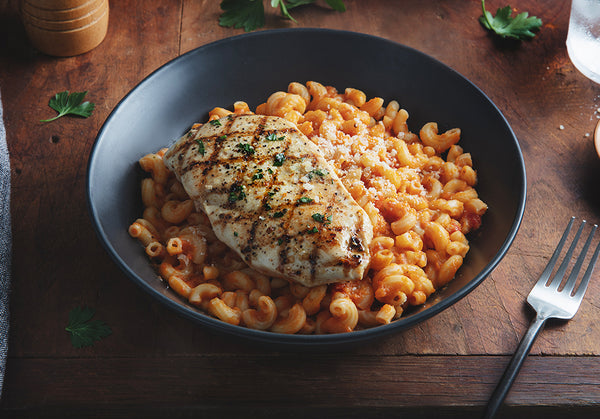 Macaroni Pasta with Roasted Red Pepper Cream Sauce and Grilled Chicken