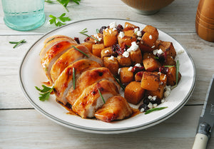 Maple Dijon Chicken with Roasted Butternut Squash, Feta, and Cranberries