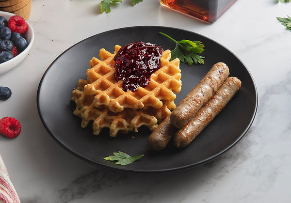 Maple Waffles with Mixed Berry Compote and Organic Breakfast Chicken Sausage