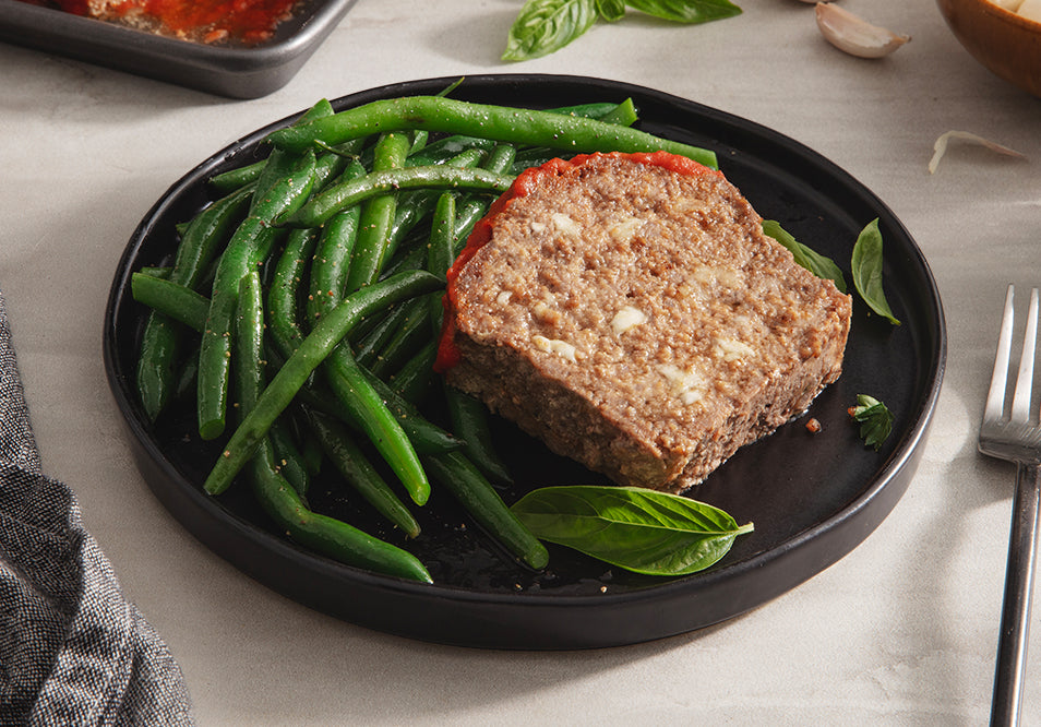 Mozzarella Beef Meatloaf with Marinara Glaze & Roasted Green Beans