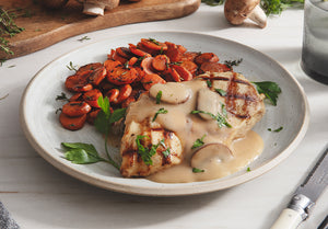 Mushroom and Swiss Chicken Melt with Roasted Carrots & Thyme