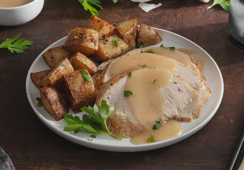 Oven Roasted Turkey with Gravy and Garlic Roasted Potato Wedges
