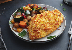 Parmesan Cornmeal Crusted Chicken with Roasted Winter Vegetables