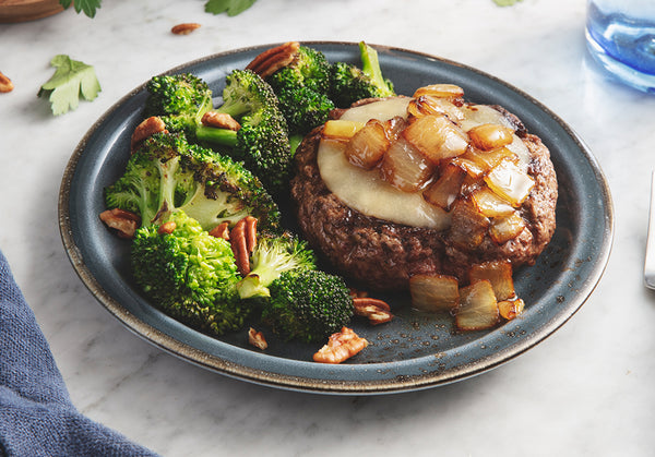 Provolone and Caramelized Onion Beef Burger with Pecan Broccoli