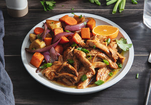 Pulled Chicken with Tangerine-Maple BBQ Sauce and Pepita Crunch Winter Squash