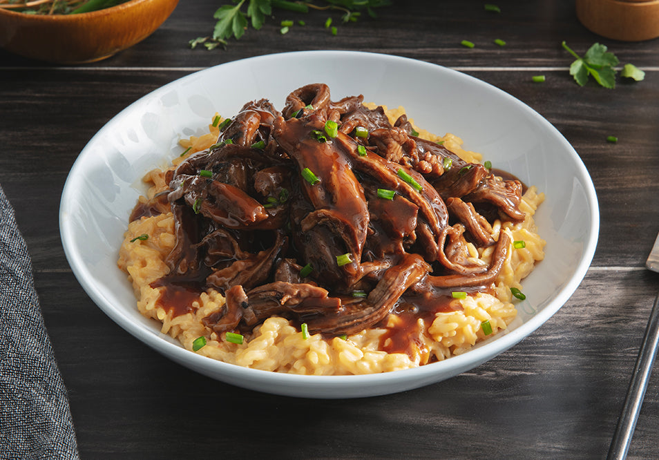 Red Wine Braised Beef and Cheesy Rice with Aged Cheddar & Chives