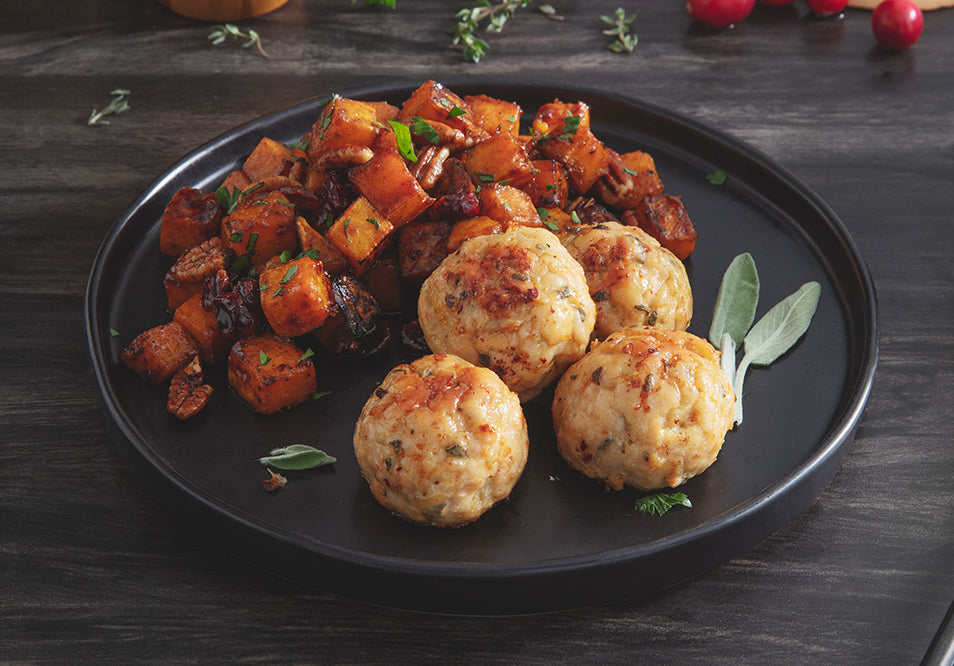 Sage Turkey Meatballs with Caramelized Butternut Squash & Cranberry Balsamic Glaze