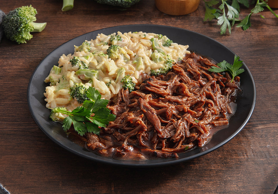 BBQ Shredded Beef with Cheesy Broccoli Rice
