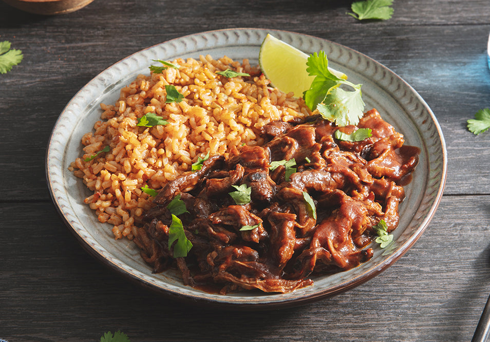 Shredded Beef Chili Colorado with Spanish Rice