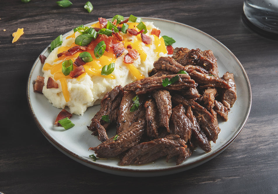 Shredded Steakhouse Grass-Fed Beef with Cheesy Loaded Mashed Potatoes