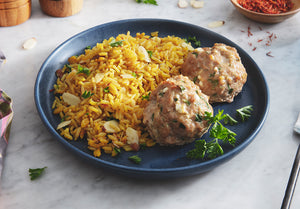 Spinach and Feta Turkey Meatballs with Saffron and Toasted Almond Rice Pilaf