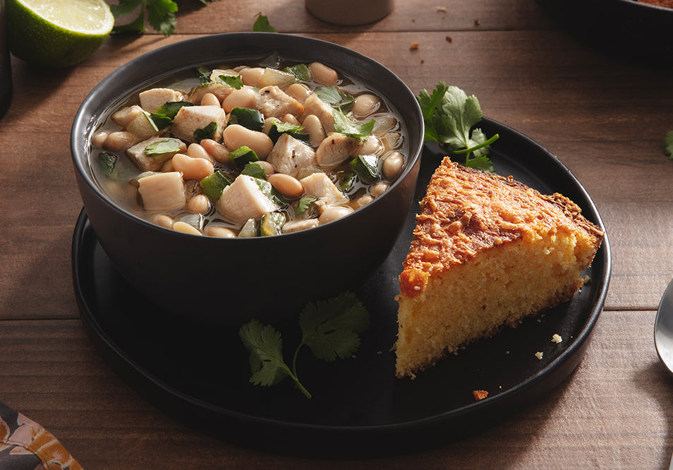 White Bean Chicken Chili with Skillet Cornbread