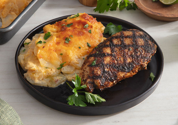 Blackened Chicken with Potatoes au Gratin