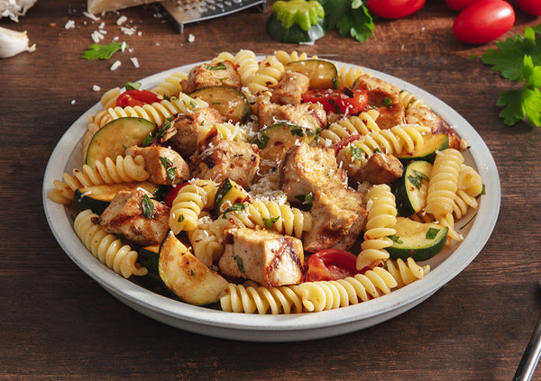 Garlic Butter Zucchini and Tomato Pasta with Grilled Chicken