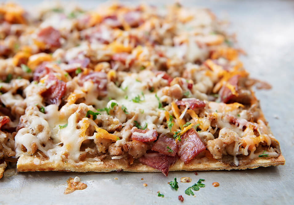 Breakfast Pizza with Turkey Sausage, Bacon and Sweet Potato