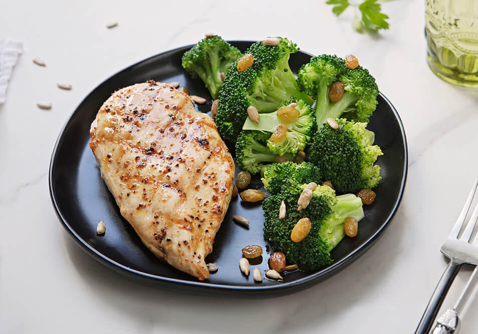 Apple Cider Chicken with Broccoli, Golden Raisins and Toasted Sunflower Seeds