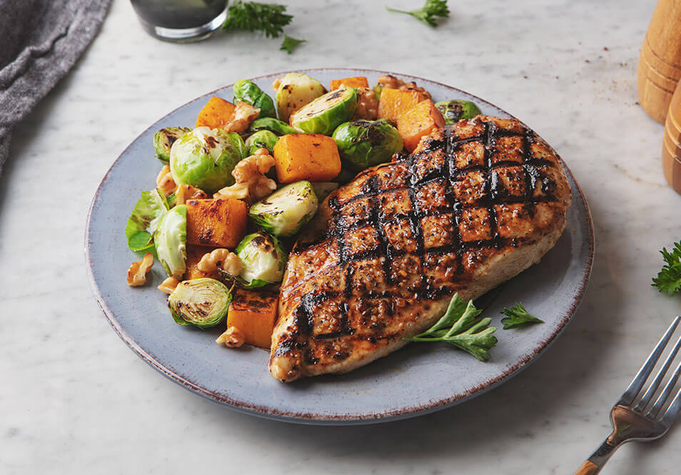Apple Cider Chicken with Roasted Butternut Squash, Walnuts and Brussels Sprouts