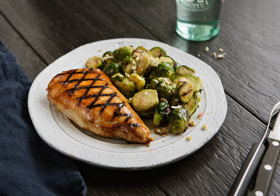 BBQ Chicken Breast with Brussels Sprouts and Hazelnut Vinaigrette