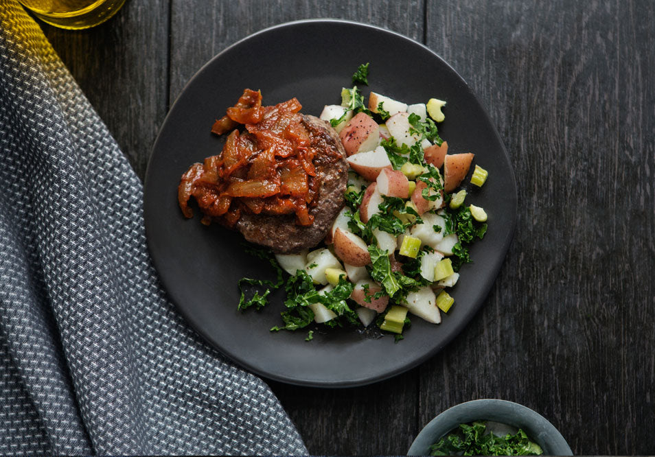 BBQ Onion Burger  Warm Potato Salad