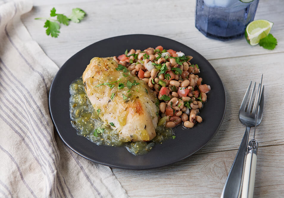 Baked Salsa Verde Chicken and Texas Caviar