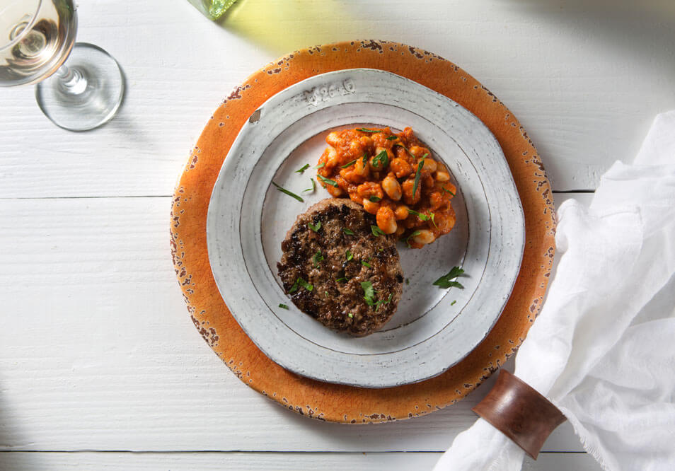 Grass-Fed Bison Burger with Tomato Braised White Beans