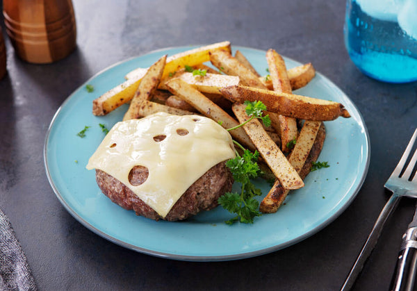 Grass-Fed Bison Swiss Cheeseburger with Sea Salt and Vinegar Fries