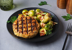 Blackened Chicken Burger with Bacon Gouda Brussels Sprouts